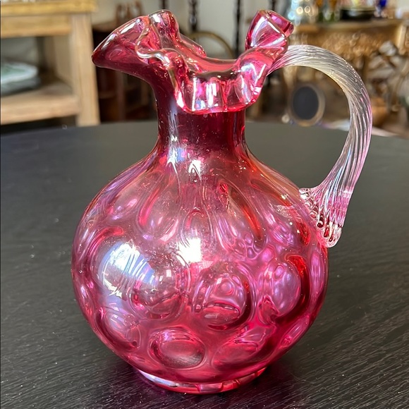 Fenton Other - Vintage Fenton Pink Cranberry Glass Coin Dot Optic Ruffled Rim Pitcher